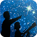 Title: Night Sky Network logo - Description: Logo for the NASA Nigth SKy Network featruing an adult pointing upwards at the night sky as a child observes with a telescope.